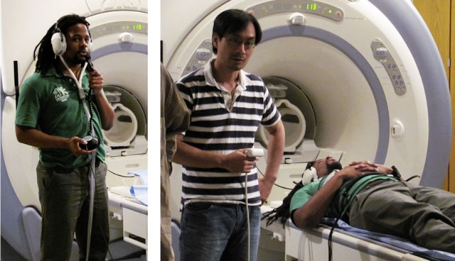 Hip Hop in a Tube! Researcher Ho Ming Chow uses an fMRI machine to scan the brain of hip-hop artist Mike Eagle.